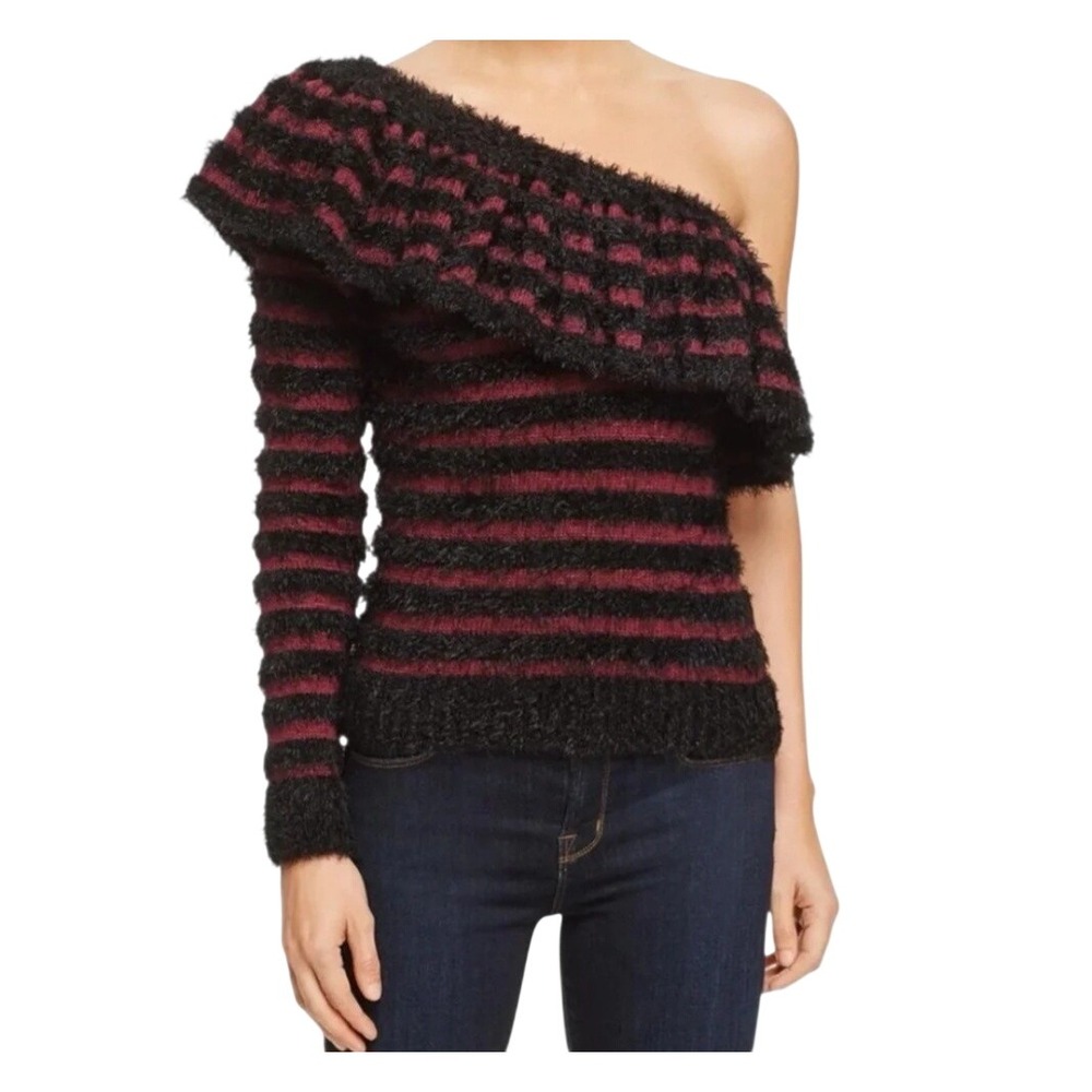 WAYF Women Black Wine Striped Eyelash Knit One Shoulder Ruffle Sweater Small NEW